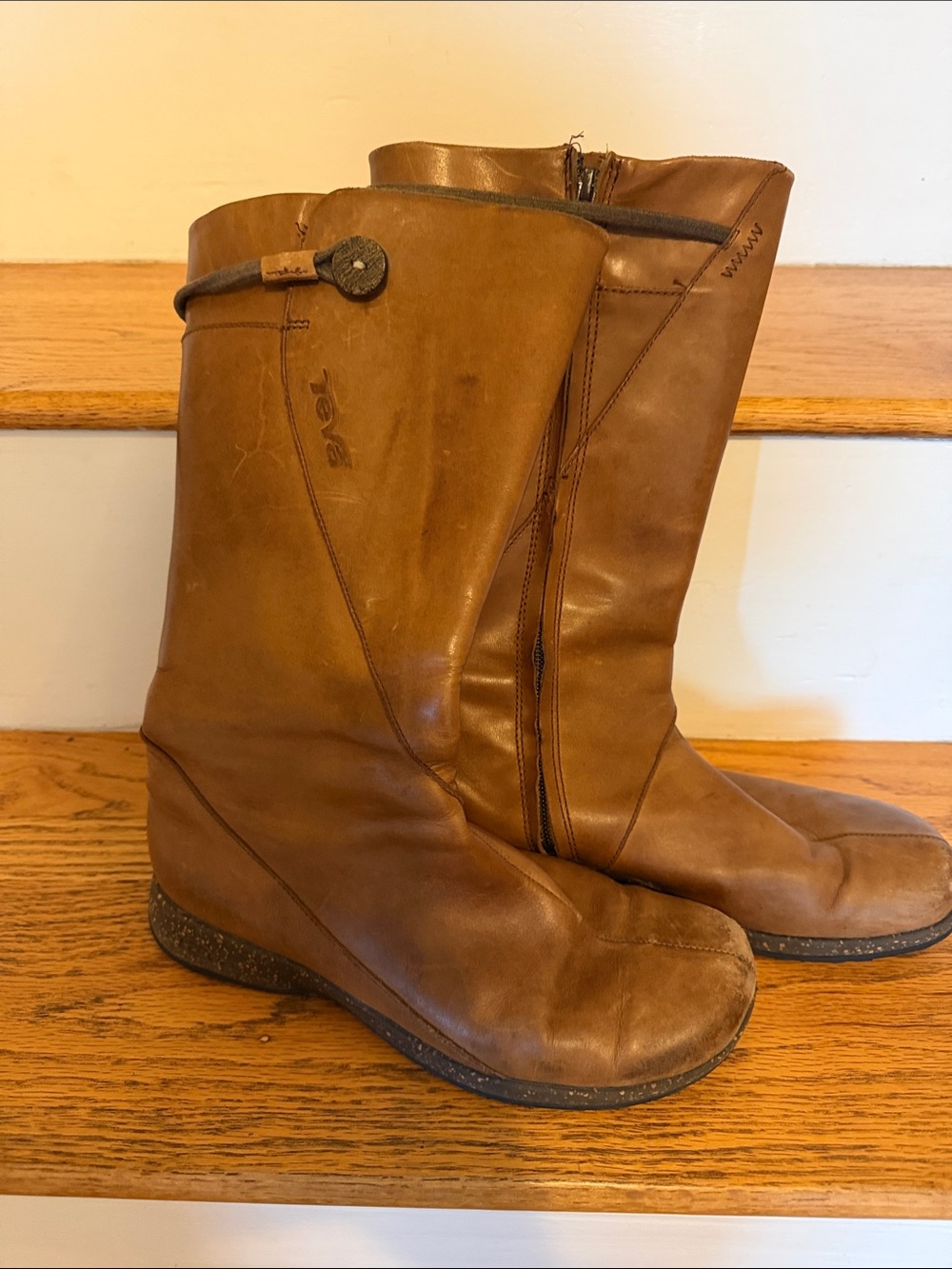 Teva Women's Mid-Calf Faux Leather Zip Boots in Cognac Brown